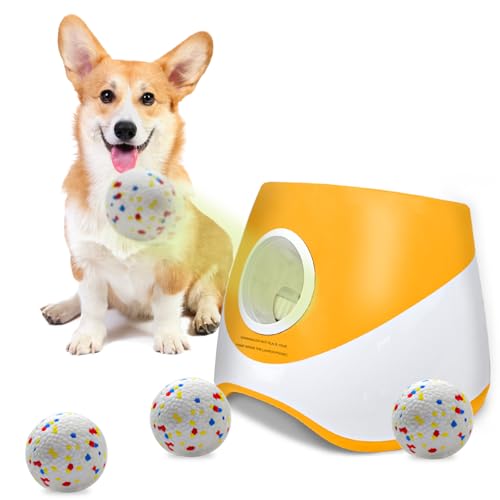 SOCO Automatischer Ballwerfer für Hunde – 3 Entfernungseinstellungen (20/35/50FT) mit 5,1 cm ETPU-Tennisbällen | Indoor/Outdoor Hundespielzeug | 4 Bälle & Schnellladung im Lieferumfang enthalten von SOCO