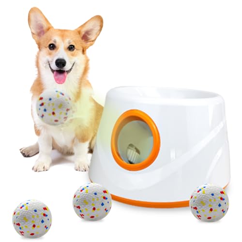 SOCO Automatischer Ballwerfer für Hunde – 3 Entfernungseinstellungen (20/35/50FT) mit 5,6 cm ETPU-Tennisbällen | Indoor/Outdoor Hundespielzeug | 4 Bälle & Schnellladung im Lieferumfang enthalten von SOCO