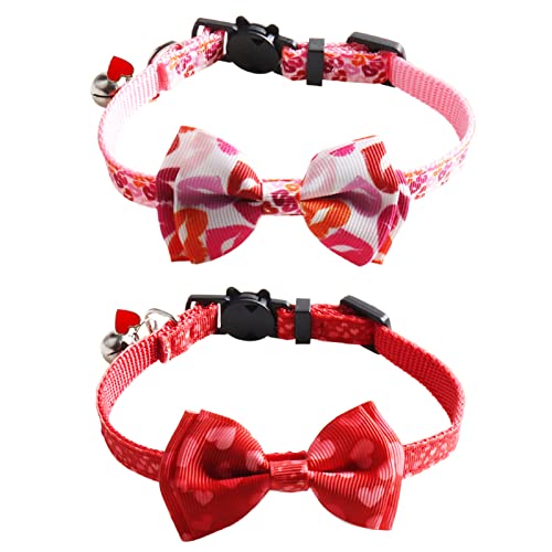 SOGAYU 2 Stück/Set Valentinstag Katzenhalsband, mit Fliege Glöckchen für Kätzchen, abnehmbar, verstellbar, Sicherheits-Kätzchenhalsband, Rot + Pink von SOGAYU