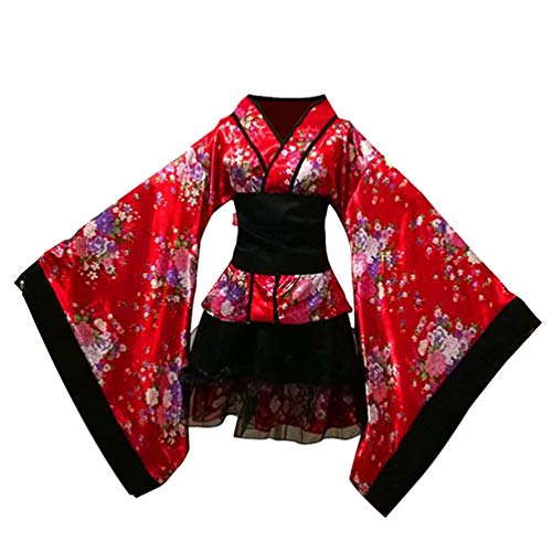 SOIMISS Kurzes Kimonokostüm für Erwachsene Traditionelles Japanisches Polyester Yukata Sakura Muster V- Ausschnitt Kimono Party Cosplay Outfit für Party Frauen Mädchen Geschenk L (Rot) von SOIMISS