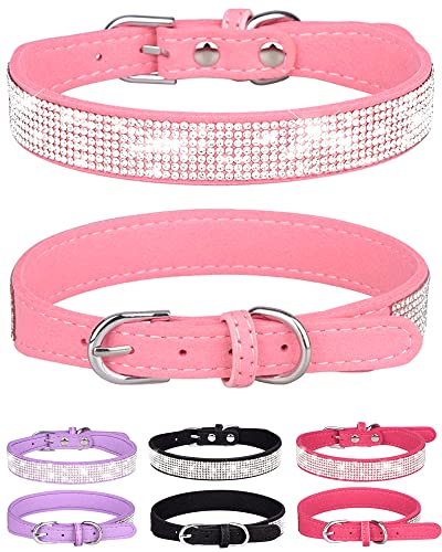 Bling Hundehalsband für kleine, mittelgroße und große Hunde, Strass-Hundehalsband für Mädchen und Jungen, Diamant-Welpenhalsband, verstellbares Leder-Wildleder, SOFE-Katzenhalsband (L38-46 cm), Rosa von SOLMOONY