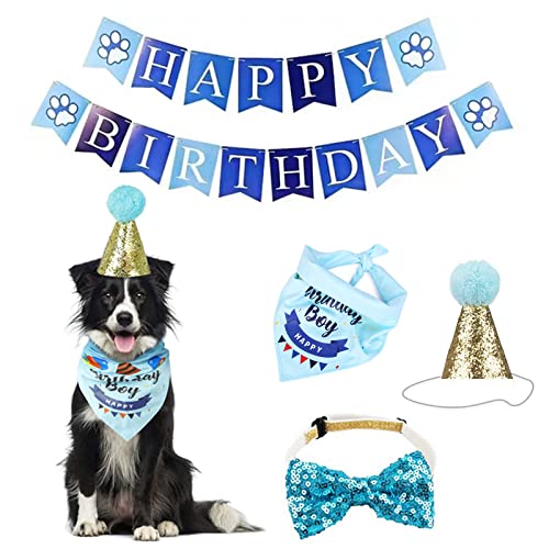 Hunde-Geburtstagsparty-Zubehör - Hunde-Geburtstagsset mit Hundehalstuch, Hundehut, Hundehalsband und Geburtstagsbanner, Hundeparty-Dekorationen für kleine, mittelgroße und große Hunde. (blau) von SOLMOONY