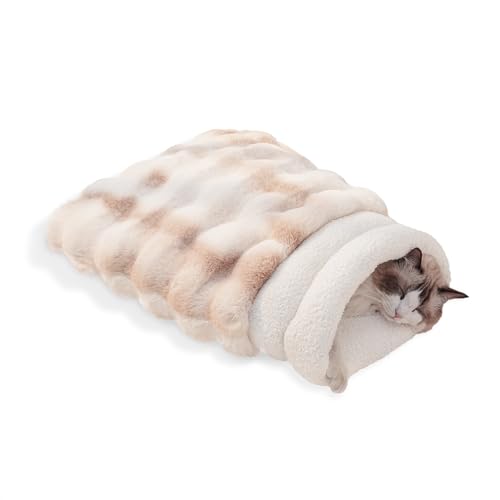 SOMAHE 4-in-1 Katzenschlafsack, 360°-Wickel-Katzenbett, Plüsch & warmer Winterschlafsack für kleine Haustiere (bis zu 6,8 kg), Beige, 53,3 x 43,2 cm von SOMAHE