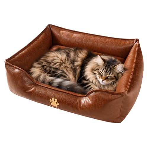 SOMAHE Premium-Leder-Katzenbett für Indoor-Katzen, hochwertiges kleines Hundebett, Haustiernest mit rutschfester Unterseite, ultraweiche Textur für bequeme Erholung, 61 x 45 x 22,9 cm, Braun von SOMAHE