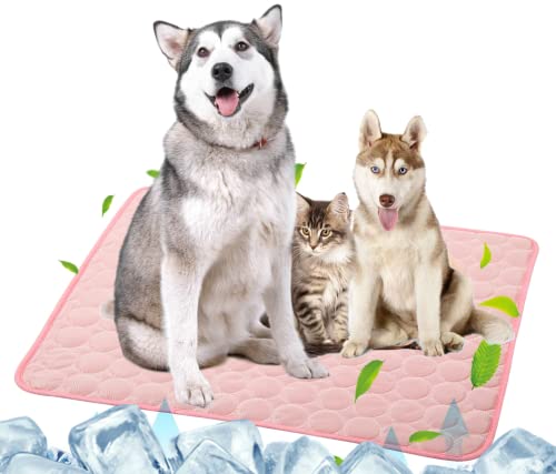 Selbstkühlende Hundematte für Haustiere, waschbar, Sommerunterlagen, Decke für heißes Wetter, Schlafmatte aus Eisseide, ungiftig, atmungsaktiv, kein Wasser (L: 69.8 x 50 cm, Pink) von SOMOYA
