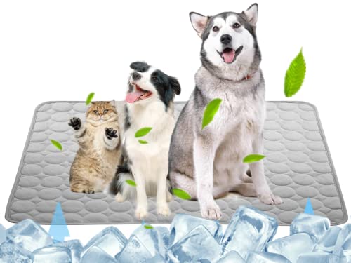 Selbstkühlende Hundematte für Haustiere, waschbar, Sommerunterlagen, Decke heißes Wetter, Schlafmatte aus Eisseide, ungiftig, atmungsaktiv, große Hunde und Katzen, kein Wasser (L: 69,8 x 50 cm, grau) von SOMOYA
