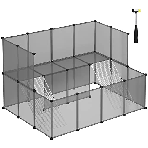 SONGMICS Freigehege für Kaninchen, Gehege für Kleintiere, 143 x 108 x 93 cm, Meerschweinchen-Gehege, Laufstall, aus Kunststoff, Hamster, grau LPC004G01 von SONGMICS