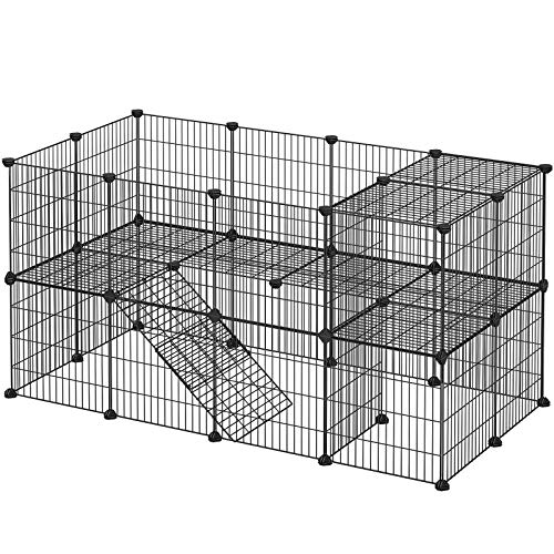 SONGMICS Zaun für Haustiere, 2 Ebenen, modulares Gehege, für Kleintiere, Hamster, Kaninchen, Meerschweinchen, Gitterplatten, Innenbereich, 143 x 73 x 71 cm, Schwarz LPI02H von SONGMICS