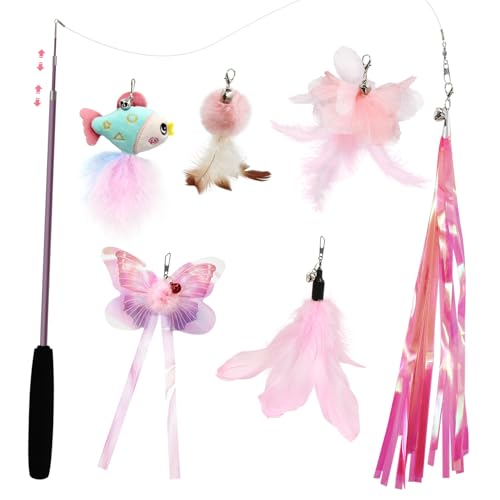 SONGWAY Interaktives Katzenspielzeug mit Federn - Katzenangel Stabil mit Federn, Katzen Zauberstab Spielzeug Set mit 6 Stück Variiert Ersatzfedern Anhänger mit Glocken, Rosa SONGWAY Interaktives Katzenspielzeug mit Federn - Katzenangel Stabil mit Federn, Katzen Zauberstab Spielzeug Set mit 6 Stück Variiert Ersatzfedern Anhänger mit Glocken, Rosa von SONGWAY