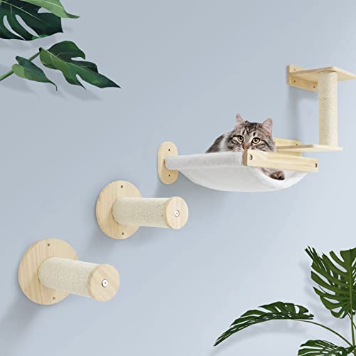 SONGWAY Kletterwand Katzen Katzentreppe Wandmontage - 4-teilig Katzen Kletterwand Set mit Hängematte und Sisalsäule, Wandliege Katze, Kratzbaum Wand, Katze kratzmöbel, Beige von SONGWAY