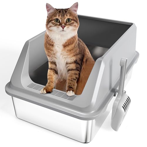 Katzenklo Edelstahl Katzentoilette XXL katzentoiletten: Katzen klo Groß Hoher Rand mit Deckel - mit Katzenstreuschaufel - Geeignet für Katzen und Kaninchen Aller Größen - Auslaufsichere von SOOFPET