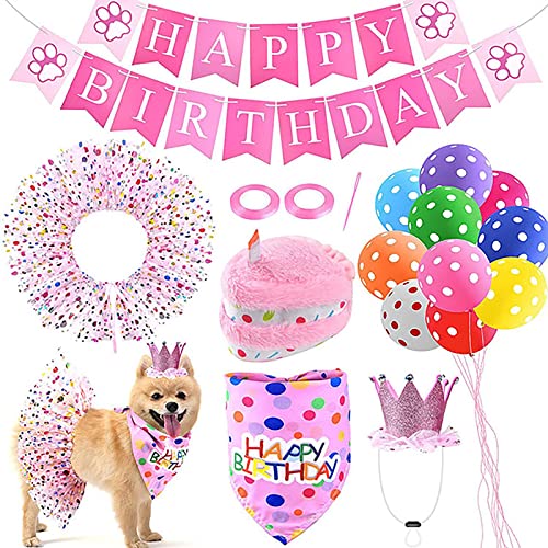 SOONHUA Hund Geburtstag Set Hut Bandana Banner Set Quietschendes Kuchenspielzeug Happy Birthday Banner Mesh Rock Bandana Luftballons für Party Feier Dekoration von SOONHUA