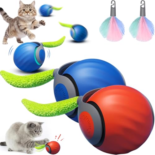 SORNEICDR Multifunktionales elektrisches Katzenspielzeug, interaktiver Spielzeugball für Hauskatzen, 2 Betriebsarten, mit austauschbarem Schwanz (Blau & Orange) von SORNEICDR