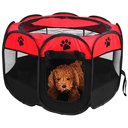 SOULONG Oxford Welpenlaufstall, Tierlaufstall für Hunde Hasen Meerschweinchen mit Tür, faltbar Waschbar Eckig 81 x 45cm(D*H) (Rot) von SOULONG