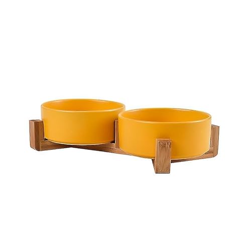 Futternäpfe für Hunde und Katzen, aus Keramik, mit Halterungen aus Bambus, erhöhte Schüsseln aus Keramik mit Holzhaltern (doppelte 13,5 cm, gelb) von SP SEMPRE +