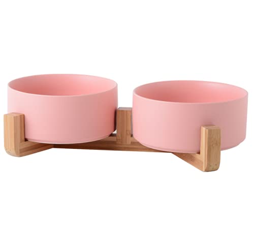 Futternäpfe für Hunde und Katzen, aus Keramik, mit Halterungen aus Bambus, erhöhte Schüsseln aus Keramik mit Holzhaltern (doppelte 13,5 cm, rosa) von SP SEMPRE +