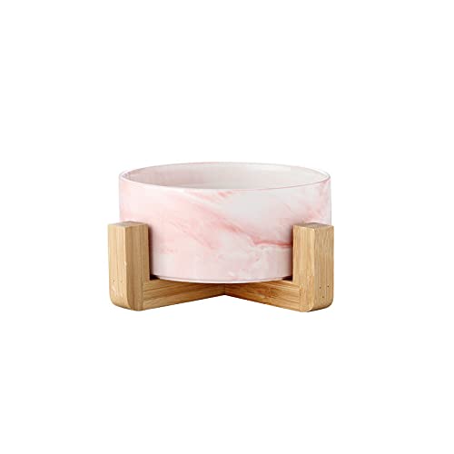 Futternäpfe für Hunde und Katzen aus Keramik mit Halterungen aus Bambus, Schalen aus Keramik mit Holzhaltern (Einzelbett 15,5 cm, rosa Marmor) von SP SEMPRE +