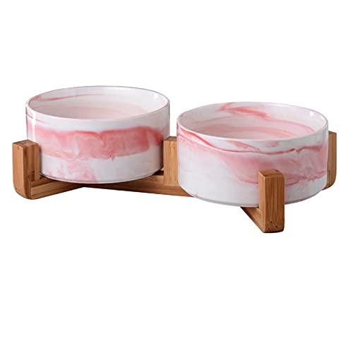 Futternäpfe für Hunde und Katzen aus Keramik mit Halterungen aus Bambus, erhöhte Schüsseln aus Keramik mit Holzhaltern (doppelte 13,5 cm, rosa Marmor) von SP SEMPRE +