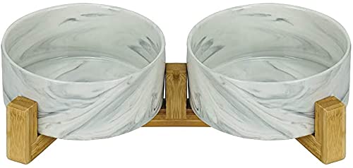 SP SEMPRE + Futternäpfe für Hunde aus Keramik mit Halterungen aus Bambus, Schalen aus Keramik mit Holzhaltern (Doppelte 13,5 cm, weißer Marmor) von SP SEMPRE +