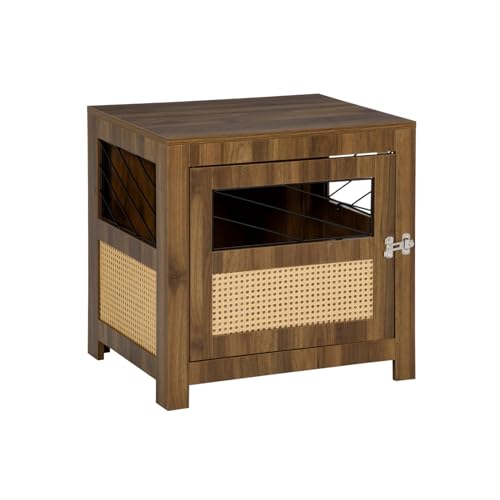 Hundekäfig Möbel mit Kissen, Holz Hundehütte Beistelltisch mit abschließbarer Tür, für Miniaturhunde, Drinnen, Walnuss von SPABOY