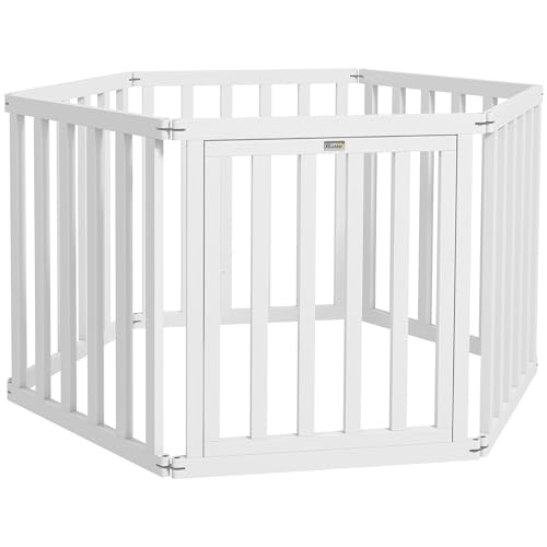 PawHut 6-Panel Hundepark 60x70 cm Faltbarer Kiefernzaun mit Tor Anti-Rutsch-Gummifüße und anpassbare Form für Flure Treppen Weiß von SPANISH AOSOM