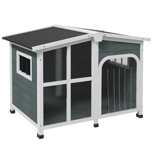 PawHut Kleine Hundehütte Kleine Hundehütte aus Holz mit klappbarem Dach Acryltür mit Vorhang und abnehmbarem Boden 101x66,5x70,5 cm Dunkelgrau von SPANISH AOSOM