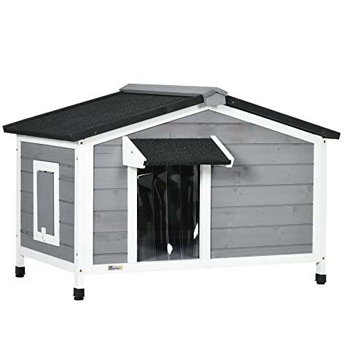 PawHut Outdoor Hundehütte Kleine Hundehütte mit faltbarem Asphaltdach 2 Fenster Tür mit Vorhang und abnehmbarem Boden 97x72x65 cm Grau von SPANISH AOSOM