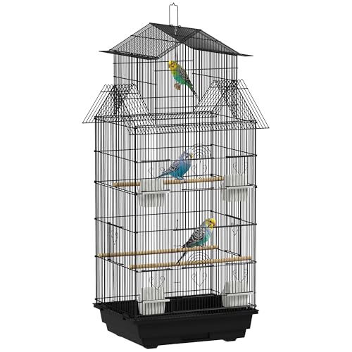 PawHut Stahl Vogelkäfig Voliere mit Futterstangen Schaukel und abnehmbarem Tablett Großer Papageienkäfig Kanarienvogel Sittich 50,5x41x104 cm Schwarz von SPANISH AOSOM