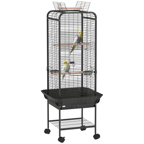 PawHut Vogelkäfig Papageienkäfig mit Rädern Sitzstangen Fütterungsgitter und abnehmbarem Tablett Voliere für Nymphensittiche Papageien 62,5x62,5x146 cm Dunkelgrau von SPANISH AOSOM