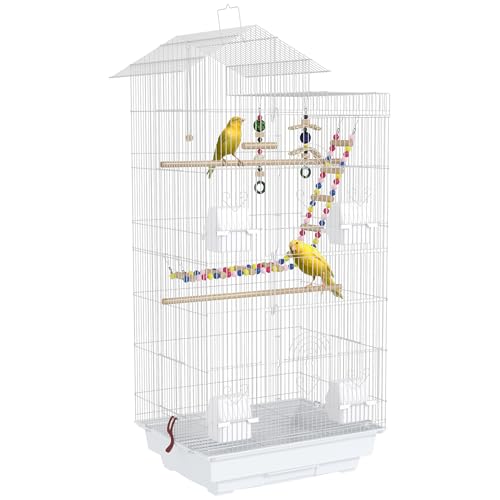 PawHut Vogelkäfig Voliere mit Mehreren Türen 4 Futterstellen 3 Sitzstangen Schwenkleitern und abnehmbarem Tablett für Papageien Kanarienvögel Wellensittiche Sittiche 46x36x100 cm Weiß von SPANISH AOSOM