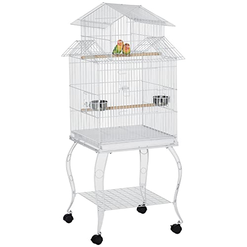 PawHut Vogelkäfig auf Rädern Großer Vogelkäfig mit Ständer Voliere mit abnehmbarem Tablett Türen Fütterungen Sitzstangen und Bodenregal für Kakadu Nymphe Sonne Sittich 50x49x137 cm Weiß von SPANISH AOSOM