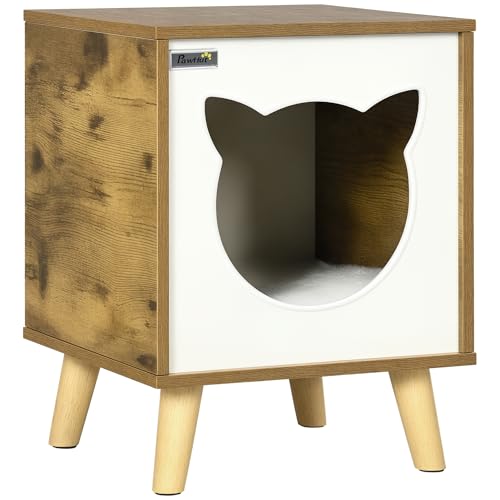 Pawhut Wooden Cat House Indoor Katzenhaus Indoor Katzenauslauf mit waschbarem Kissen und erhöhten Beinen 34x34x44,5 cm Braun von SPANISH AOSOM