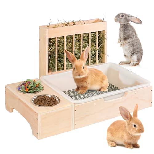 3 in 1 Extra große Kaninchen-Heu-Futterstation mit Katzentoilette, Hölzerne Hasentoilette, für Meerschweinchen, Chinchillas, Hamster, Zwergkaninchen, Frettchen, andere Kleintiere von SPEETH
