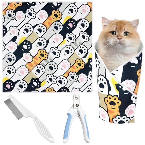 SPERMUOY Cat Grooming Wrap,Cat Wrap for Cutting Nails Katzenpflegetuch,Katzenfesseln zum Nagelknipsen mit Kamm,Selbsthaftend Katzenwickel zum Krallenschneiden(50 * 50cm) von SPERMUOY