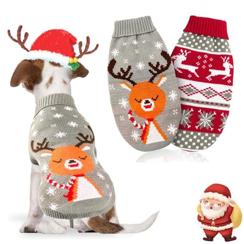 SPERMUOY Hundepullover Weihnachten, 2 Stück Strickpullover Welpe, Winter Warmer Weihnachtspullover für Kleine Hunde und Katzen - L von SPERMUOY