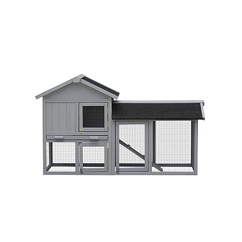 SPOFLYINN 2-stöckiger Hasenstall mit Türen Rampe Einfache Montage Holz Kaninchenhaus für kleine mittelgroße Tiere (147,1 cm L x 52,1 cm B x 85,6 cm H) Grau von SPOFLYINN