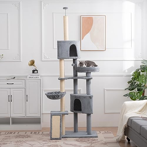 SPOFLYINN Kratzbaum für Indoor-Katzen, 266,7 cm hoch, Katzenturm, mehrstöckiges Katzenhaus mit 3 Sitzstangen, 2 Höhlen, gemütlicher Korb, Kratzbrett, Haustierbedarf, Grau von SPOFLYINN