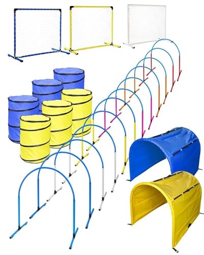 SPORTIKEL24 Hoopers Turnier-Set – 12 Hoops 3 Gates 6 Tonnen 2 Tunnel – Kunststoff – VDH-konform – Hundesport Komplettset (Bunt/Blau) von SPORTIKEL24