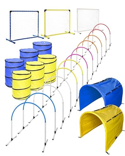 SPORTIKEL24 Hoopers Turnier-Set – 12 Hoops 3 Gates 6 Tonnen 2 Tunnel – Kunststoff – VDH-konform – Hundesport Komplettset (Weiß/Bunt) von SPORTIKEL24