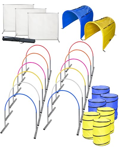 SPORTIKEL24 Hoopers Turnier-Set - ALU - 12 Hoops mit ALU-Basis, 6 Tonnen, 3 Gates aus ALU, 2 Tunnel (Blau/Gelb) von SPORTIKEL24