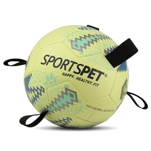SPORTSPET Fußball mit Haltegriffen, langlebige interaktive Bälle, schwimmendes Wasserspielzeug für drinnen und draußen, Hundespielzeug (Größe 4, Gelbblau) von SPORTSPET