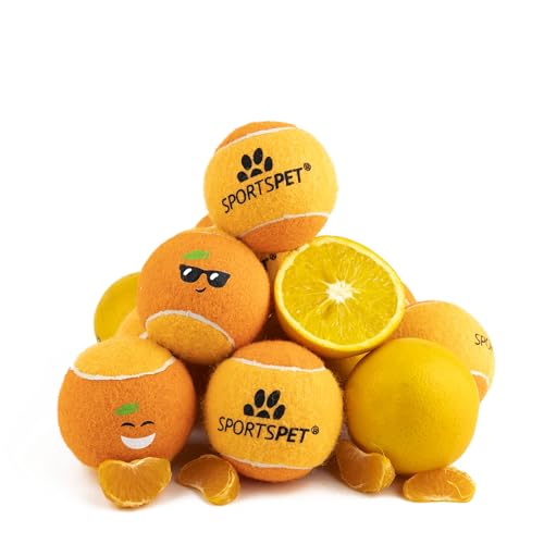 SPORTSPET Quietschende Tennisbälle für Hunde, extra federnd, ungiftig, langlebig, schwimmend, quietschend, Mandarine, 12 Stück (64 mm) SPORTSPET Quietschende Tennisbälle für Hunde, extra federnd, ungiftig, langlebig, schwimmend, quietschend, Mandarine, 12 Stück (64 mm) von SPORTSPET