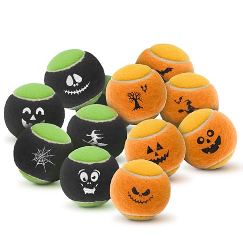 SPORTSPET Spooky Squeak! Tennisbälle für Hunde, 12 Stück, mit Netztasche, quietschende Hundebälle, nicht scheuernde, drucklose Hundebälle, 64 mm, Halloween-Farbthema von SPORTSPET