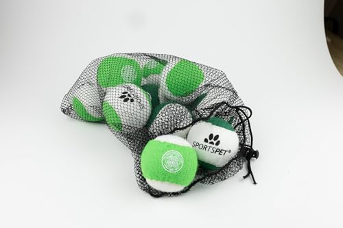 SPORTSPET x Celtic Squeak! Tennisbälle für Hunde, 12 Stück, mit Netztasche, quietschende Hundebälle zum Apportieren und Jagen, langlebiger, nicht scheuernder, hundesicherer Filz, offizielle Farben, 64 von SPORTSPET