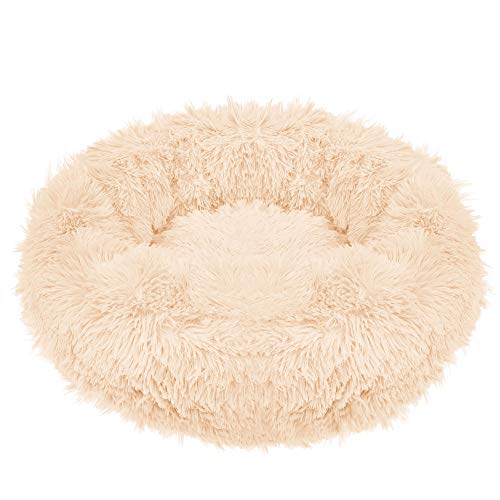 SPRINGOS Hundebett｜Liegeplatz｜Rund｜Kunstfell｜Langhaar｜Schlafplatz｜Komfortabel｜Kuschelig｜Anti-Rutsch-Unterseite (90 cm, Creme) von SPRINGOS