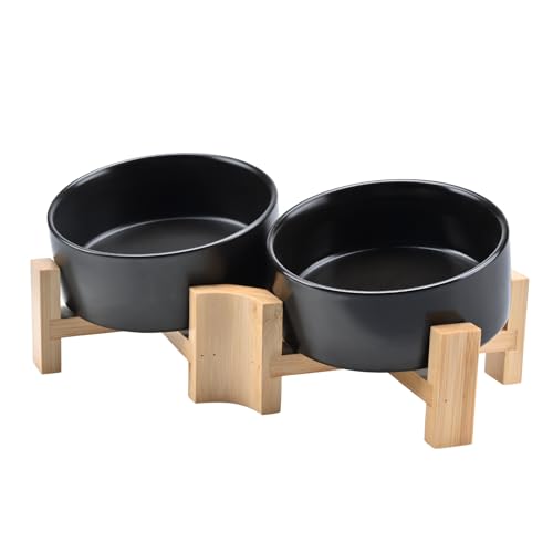 SPUNKYJUNKY 15° Kippbare Keramik Hundenapf mit Holzständer Futter und Wassernapf rutschfest für Hunde und Katzen mit Flachen Gesichtern Kleinen und Mittelgroßen Hunden (400ml × 2, Schwarz) von SPUNKYJUNKY