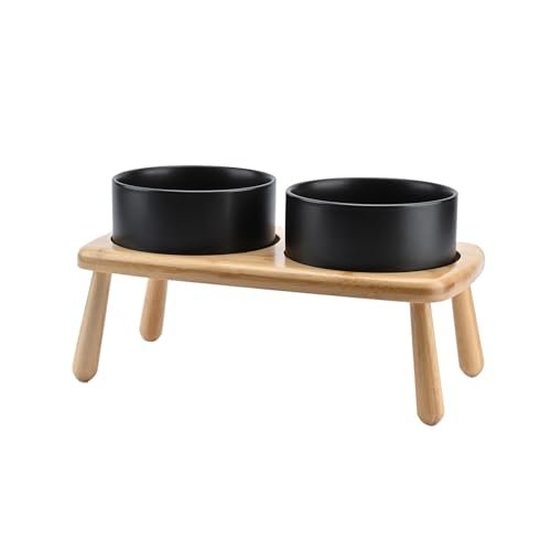 SPUNKYJUNKY Erhöhter Futternapf Keramik Fressnapf mit Bambus Ständer Für Mittelgroße Und Große Hunde (850ml, Schwarz) von SPUNKYJUNKY