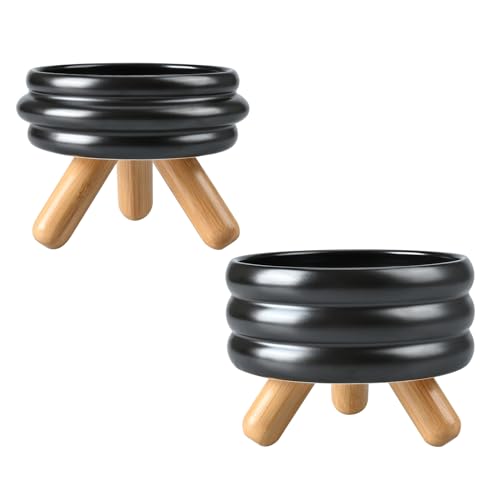 SPUNKYJUNKY Erhöhtes Keramik-Katzennapf-Set mit Holzständer, erhöhter Futternapf für Futter und Wasser, rutschfestes Design, spülmaschinen-, mikrowellengeeignet, Futter- und Wassernapf, Schwarz, 1,7 von SPUNKYJUNKY