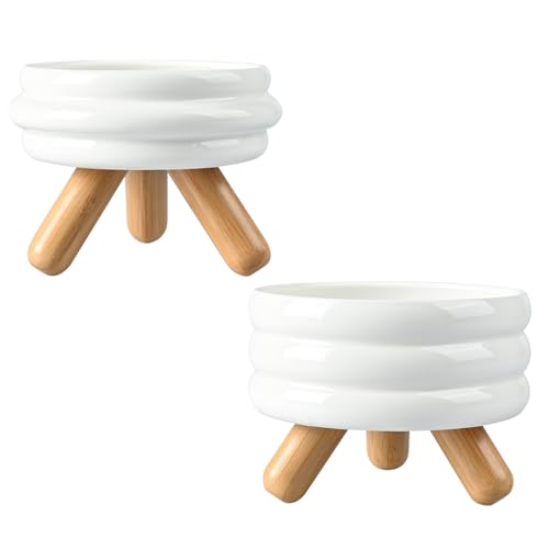 SPUNKYJUNKY Erhöhtes Keramik-Katzennapf-Set mit Holzständer, erhöhter Futternapf für Futter und Wasser, rutschfestes Design, spülmaschinen-, mikrowellengeeignet, Futter- und Wassernapf, Weiß, 1,7 von SPUNKYJUNKY