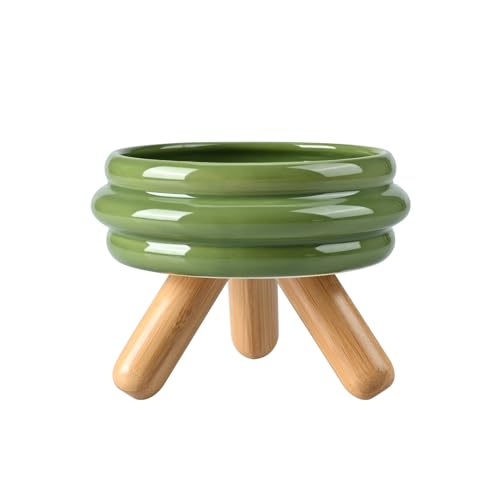 SPUNKYJUNKY Erhöhtes Keramik-Katzennapf-Set mit Holzständer, erhöhter Futternapf für Futter und Wasser, rutschfestes Design, spülmaschinenfest, mikrowellengeeignet, Grün, 1,7 Tassen von SPUNKYJUNKY